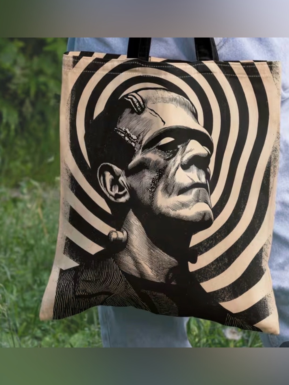 Black and Cream Frankin Horror Art Tote Bag by